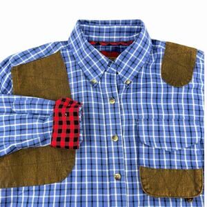 Braeval Artemis Shooting Shirt Blue Gun Check Suede Shoulder Patches Hunting SM